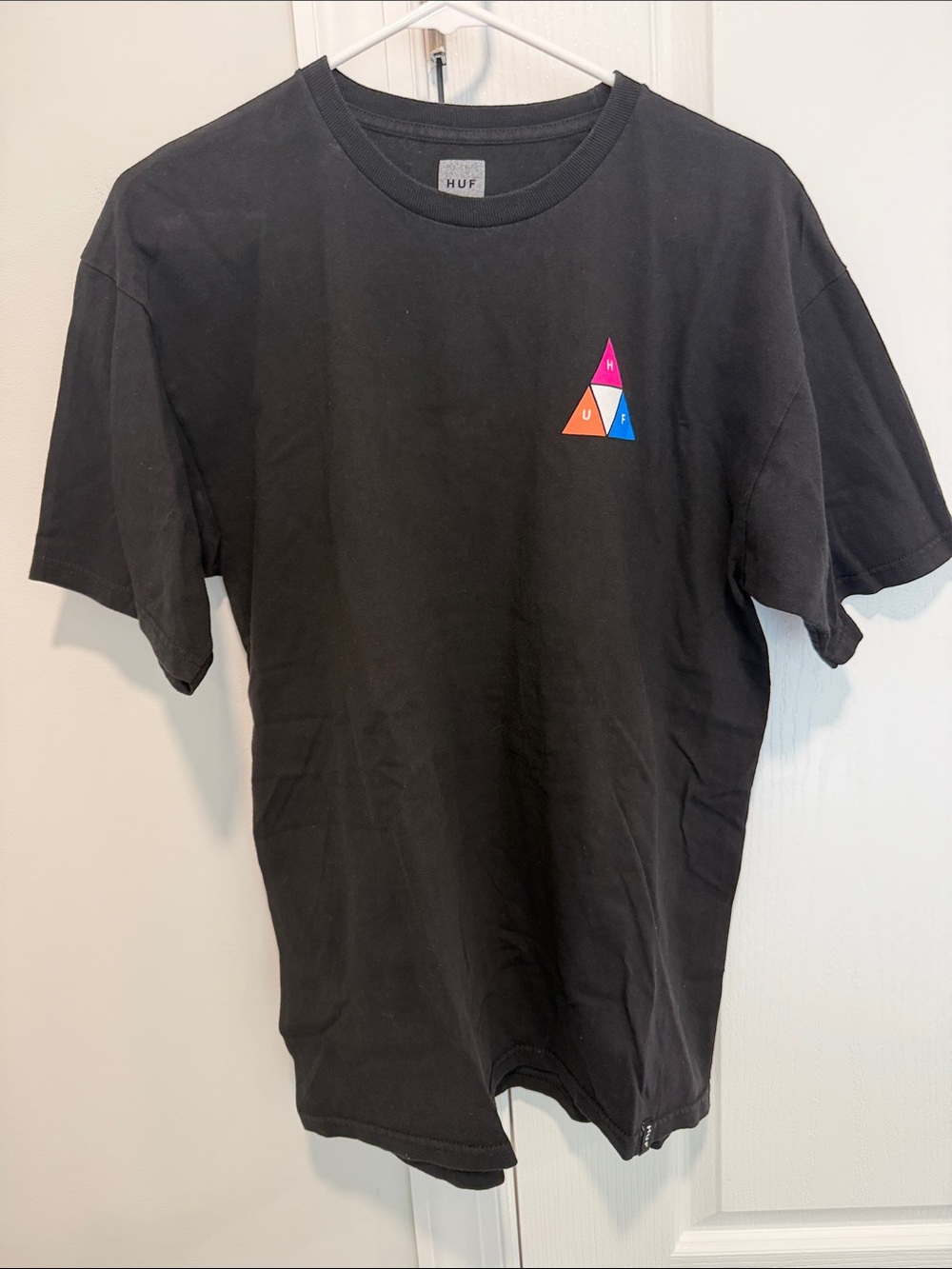HUF Black Short-Sleeve Tee with Pink Orange Blue Triangle Logo